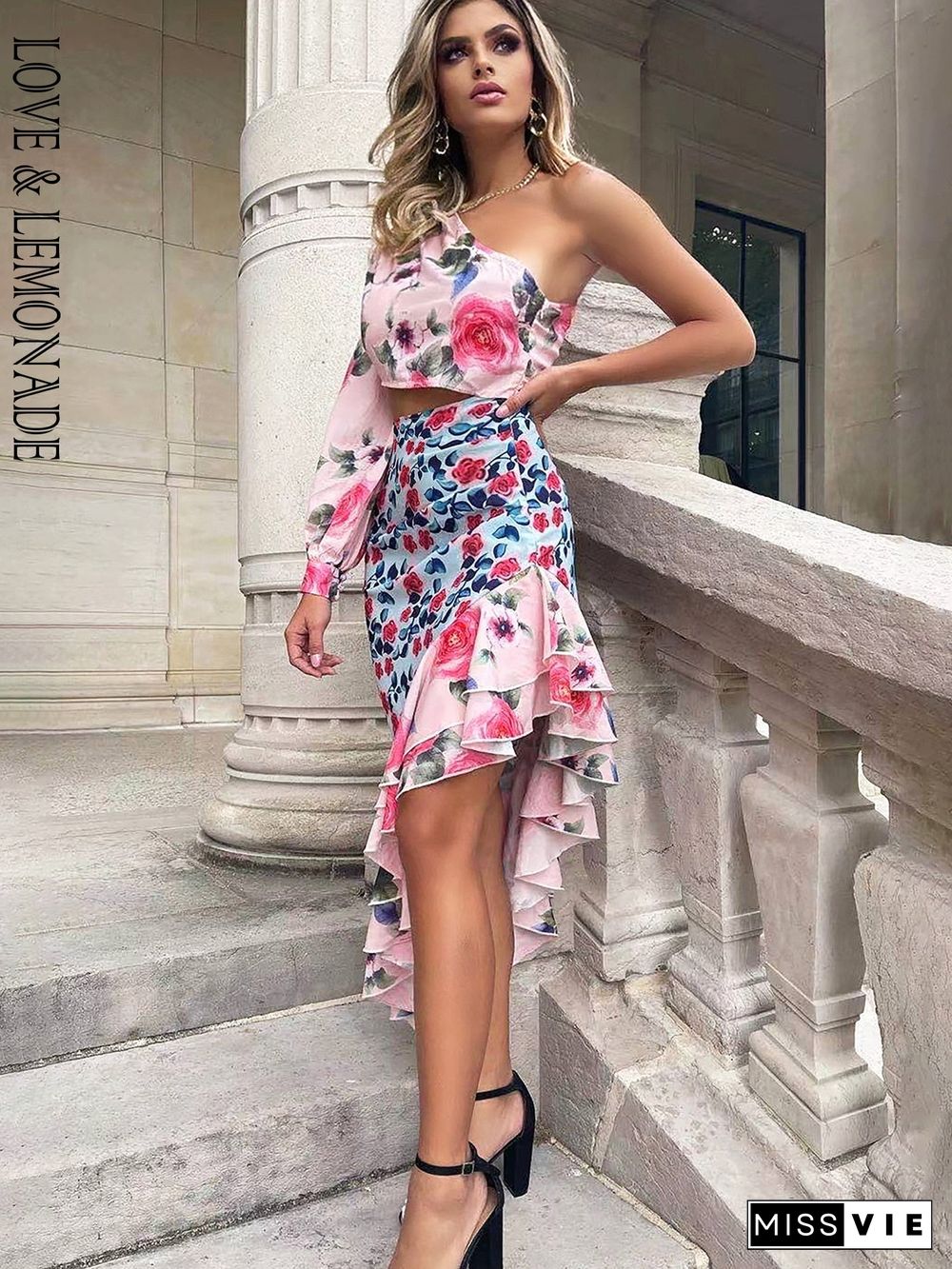 Love&Lemonade Sexy Off-Shoulder Cut Out Long Sleeve Color Print Ruffle Maxi Dress Lm82998