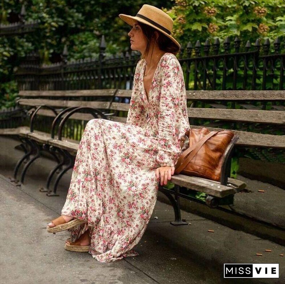 Women Floral V Neck Maxi Long Bohemian Dress Long Sleeve Beach Party Dresses