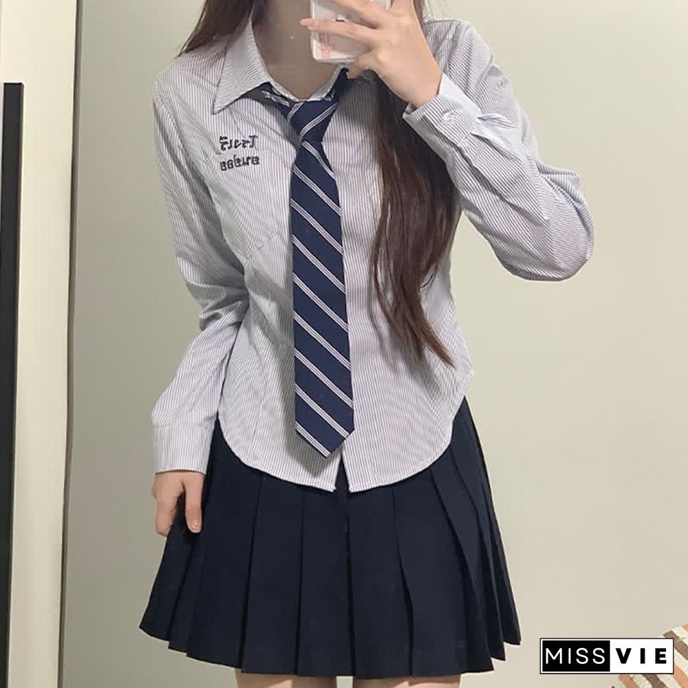 Letter Embroidery Stripe Tie Polo T-Shirt Pleated Skirt JK Uniform