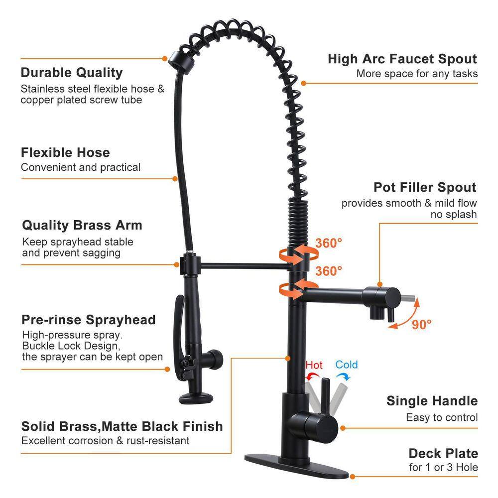 WOWOW Single-Handle Wall Mount Gooseneck Pull Out Sprayer Kitchen Faucet with Included Supply Lines in Matte Black 2312000B-AMUS