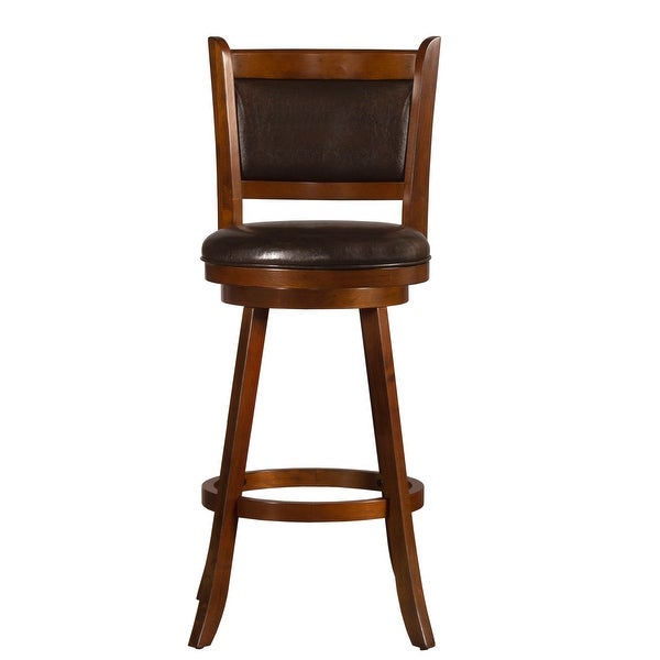 Dennery Wood Bar Height Swivel Stool， Cherry with Brown Vinyl