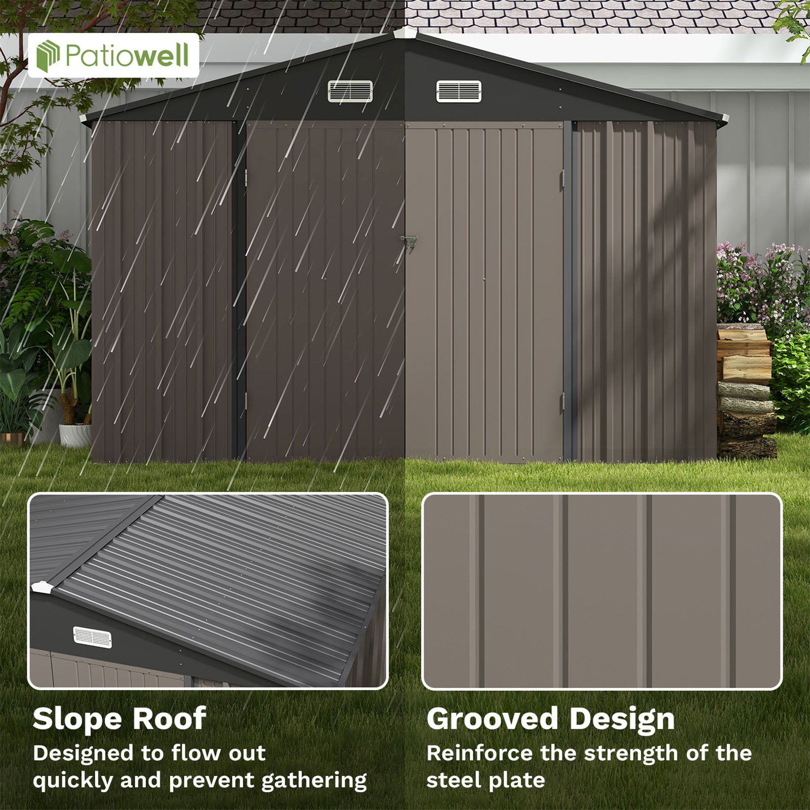 Patiowell Size Upgrade 10 x 10 ft Outdoor Storage Metal Shed with Sloping Roof and Double Lockable Door, Brown