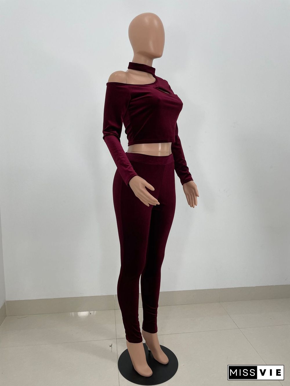 Velvet Hollow Out Crop Top Pencil Pants Set