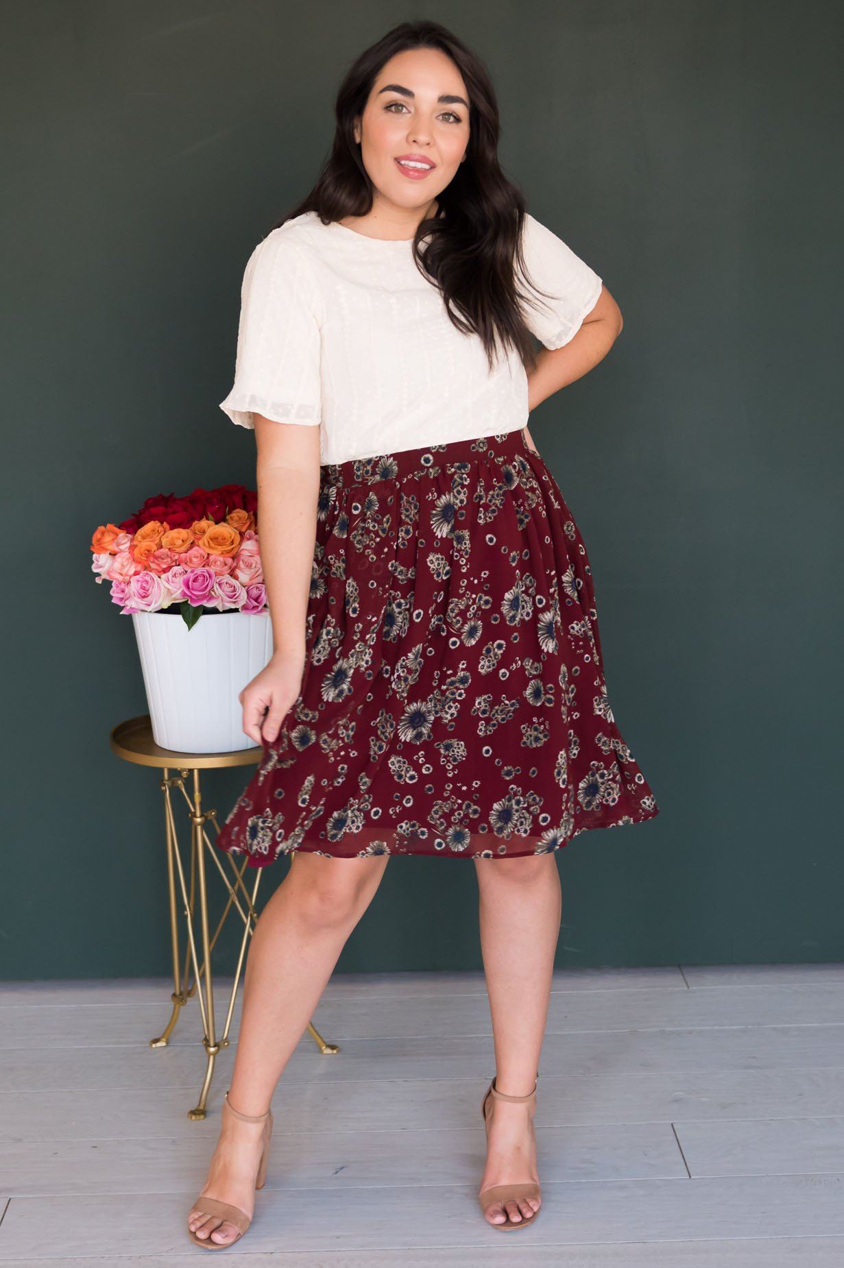 Burgundy Cluster Floral Chiffon Skirt