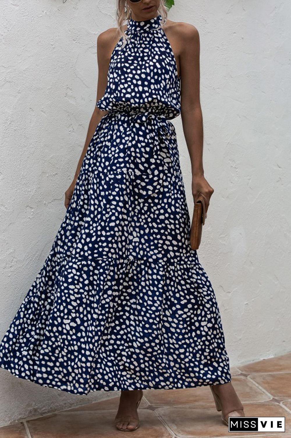 Halter Polka Dot Print Tie Waist Maxi Dress Wholesale