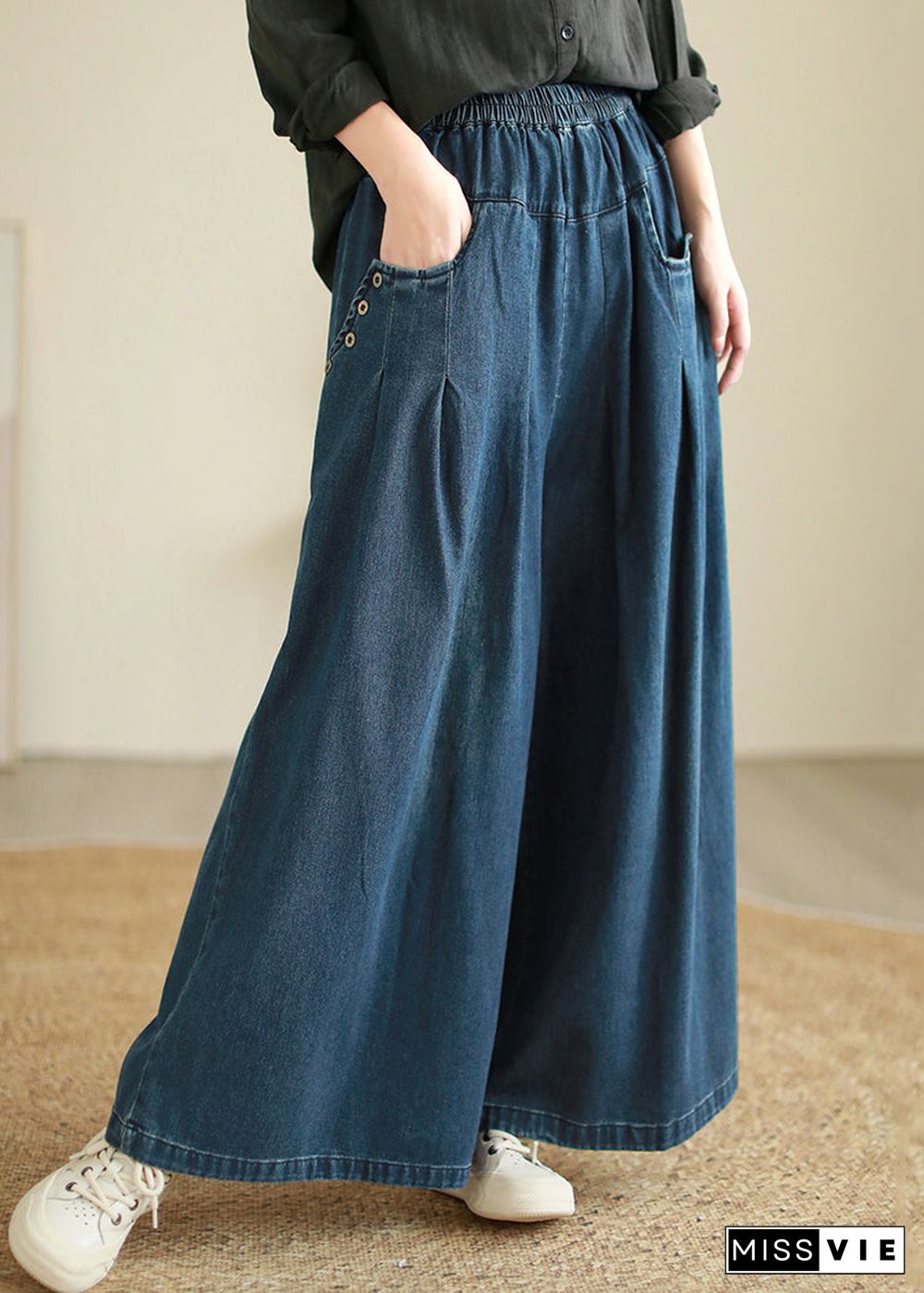 Loose Blue Pockets Elastic Waist Patchwork Denim Pants Fall