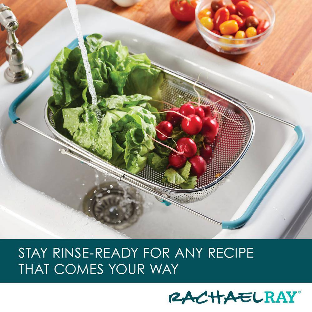 Rachael Ray Tools and Gadgets 4.5 qt. Stainless Steel Over-The-Sink Colander Agave Blue Handles 48533