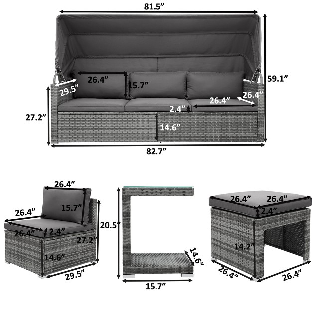 5 Pcs Outdoor Sectional Rattan Daybed Sofa Set Patio Pe Wicker Conversation Furniture Set With Canopy And Tempered Glass Side Table Gray modernluxe