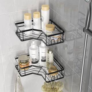 Cubilan Wall Mount Adhesive Stainless Steel Corner Shower Caddy Organizer Shelf with 8 hooks in Matte Black 2-Pack HD-36P