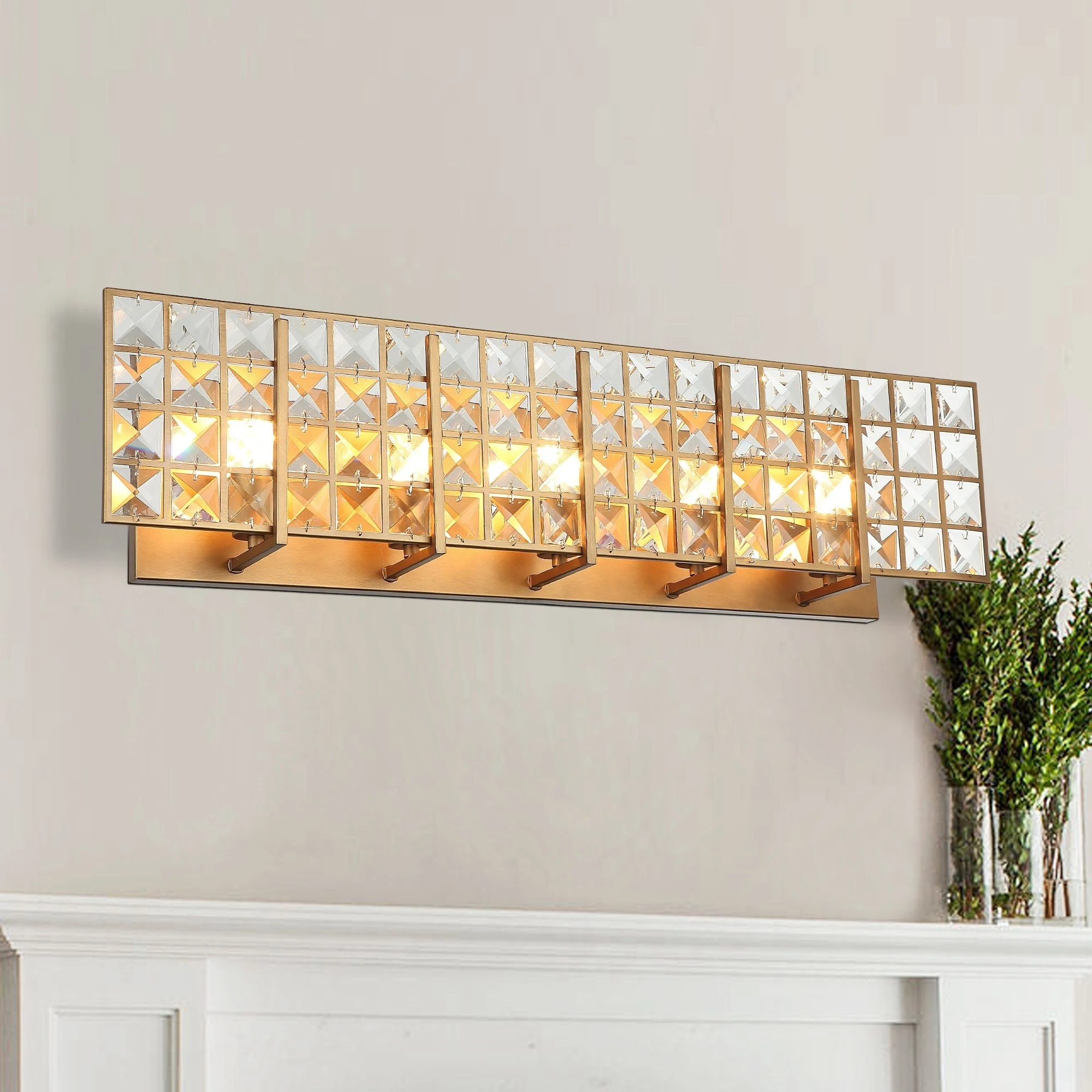 Modern Brass 5-Light Crystal Bath Vanity Lighting Wall Sconce