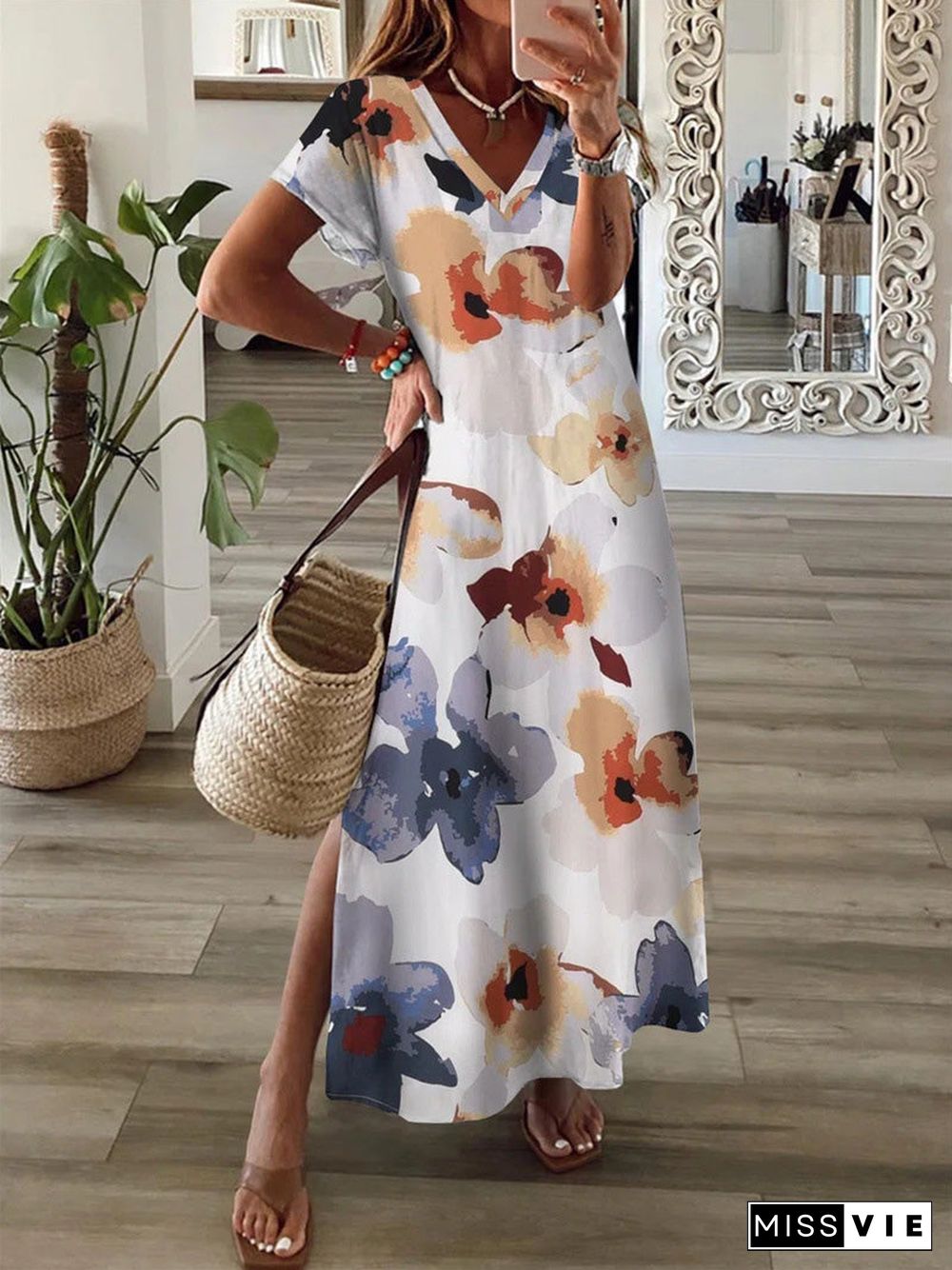 Women'S Dresses Floral Print V-Neck Short Sleeve Slit Dress