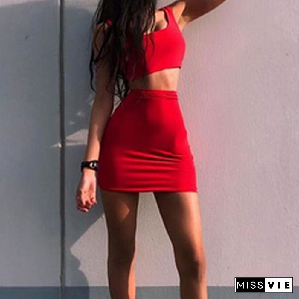 Women 2 Piece Set Dresses Bodycon Skirt Outfit Crop Top Mini Summer Dress Bandge