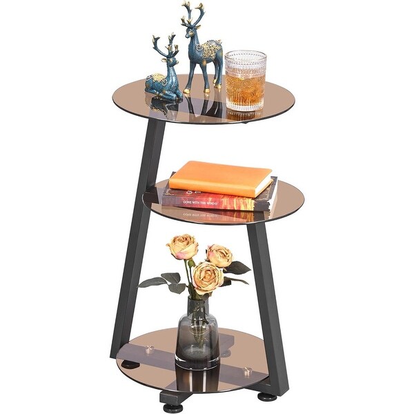 Round End Table Tempered Glass Side Table with Metal Frame，Tawny