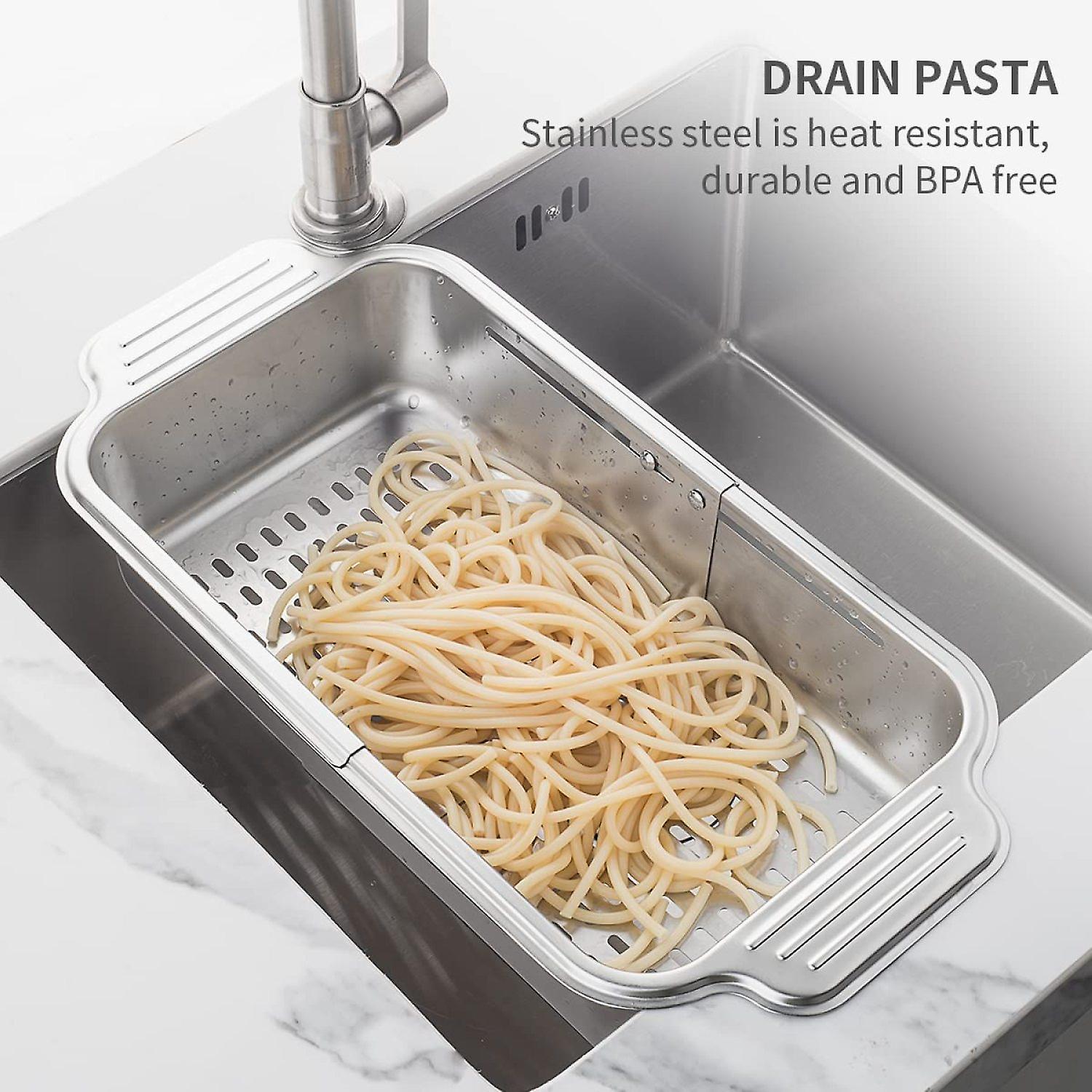 Dexusay Over The Sink Strainer Colander Extendable Stainless Steel - Pasta Drying Rack Strainers And Colanders Sink Strainer (8.3 W X 13.2-17.5 L X 3