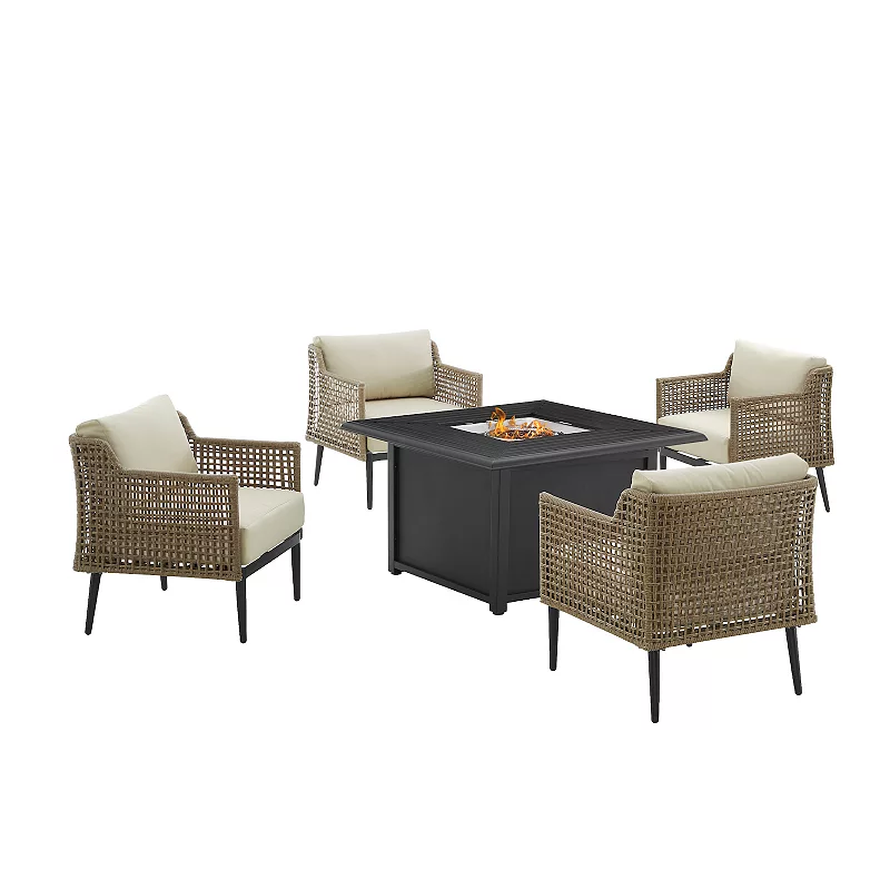 Crosley Southwick Fire Table and Wicker Arm Chair 5-piece Set