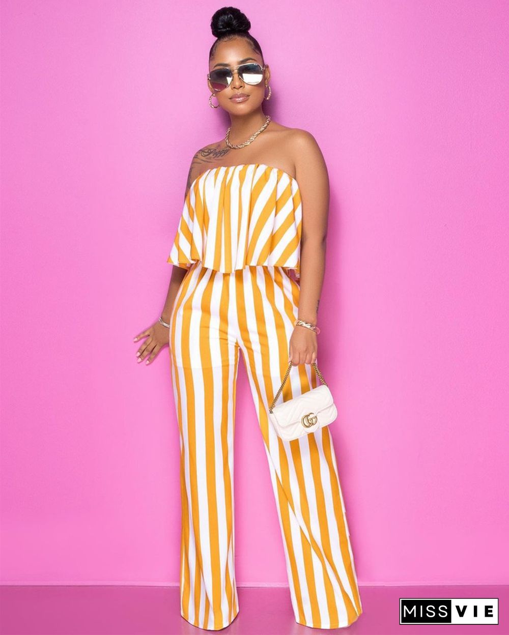 Striped Strapless Crop Tops Wide Leg Long Pants 2PCS