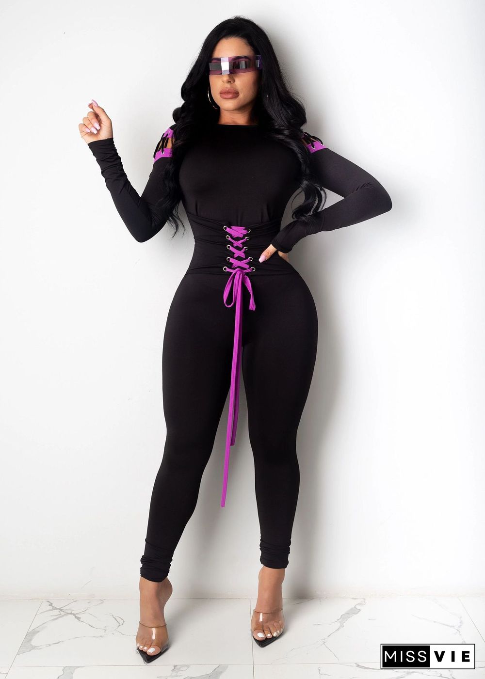 Women Solid Color Long Sleeve Lace-Up Skinny Jumpsuit