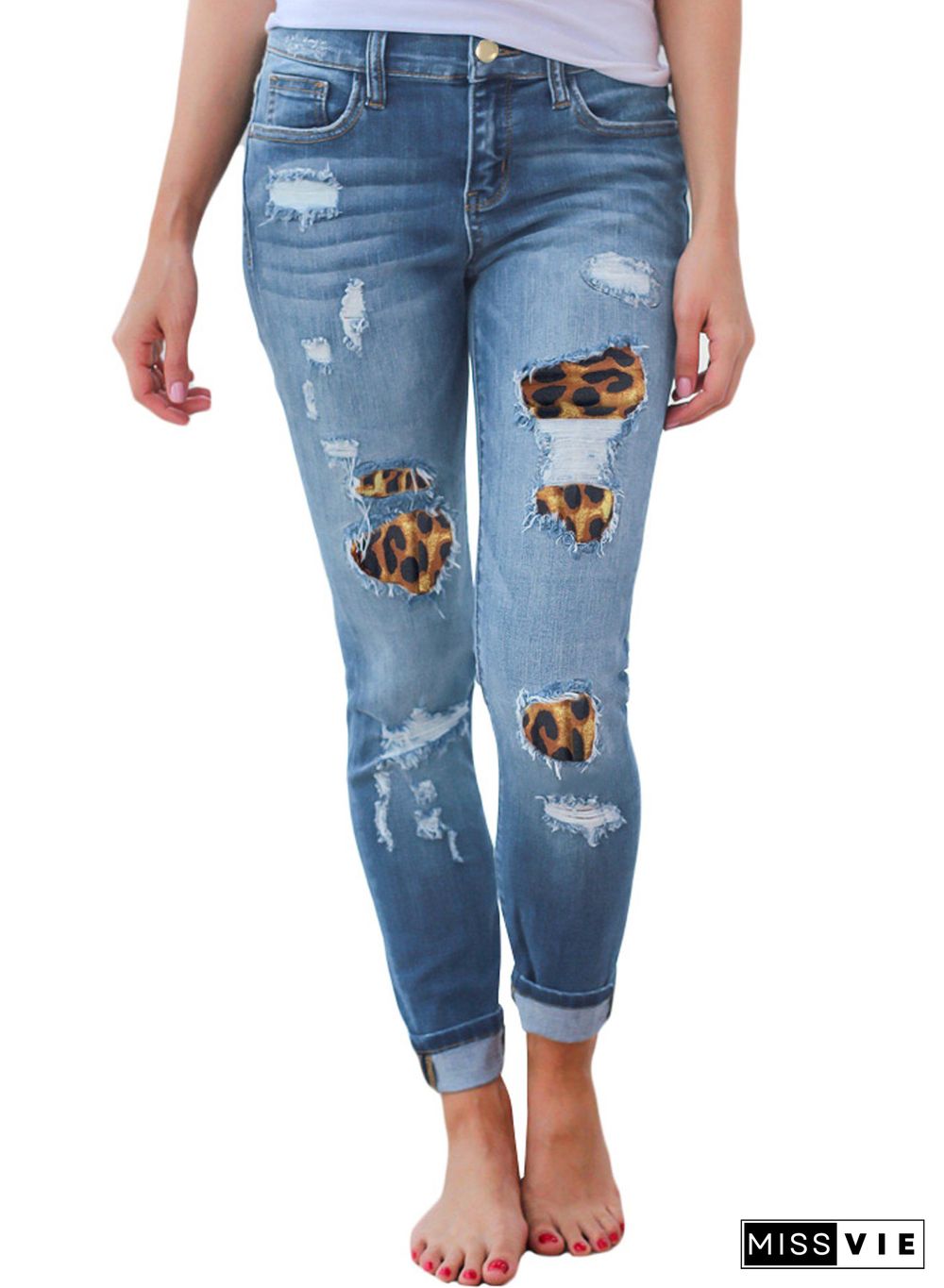 Patchwork Leopard Ripped Jeans