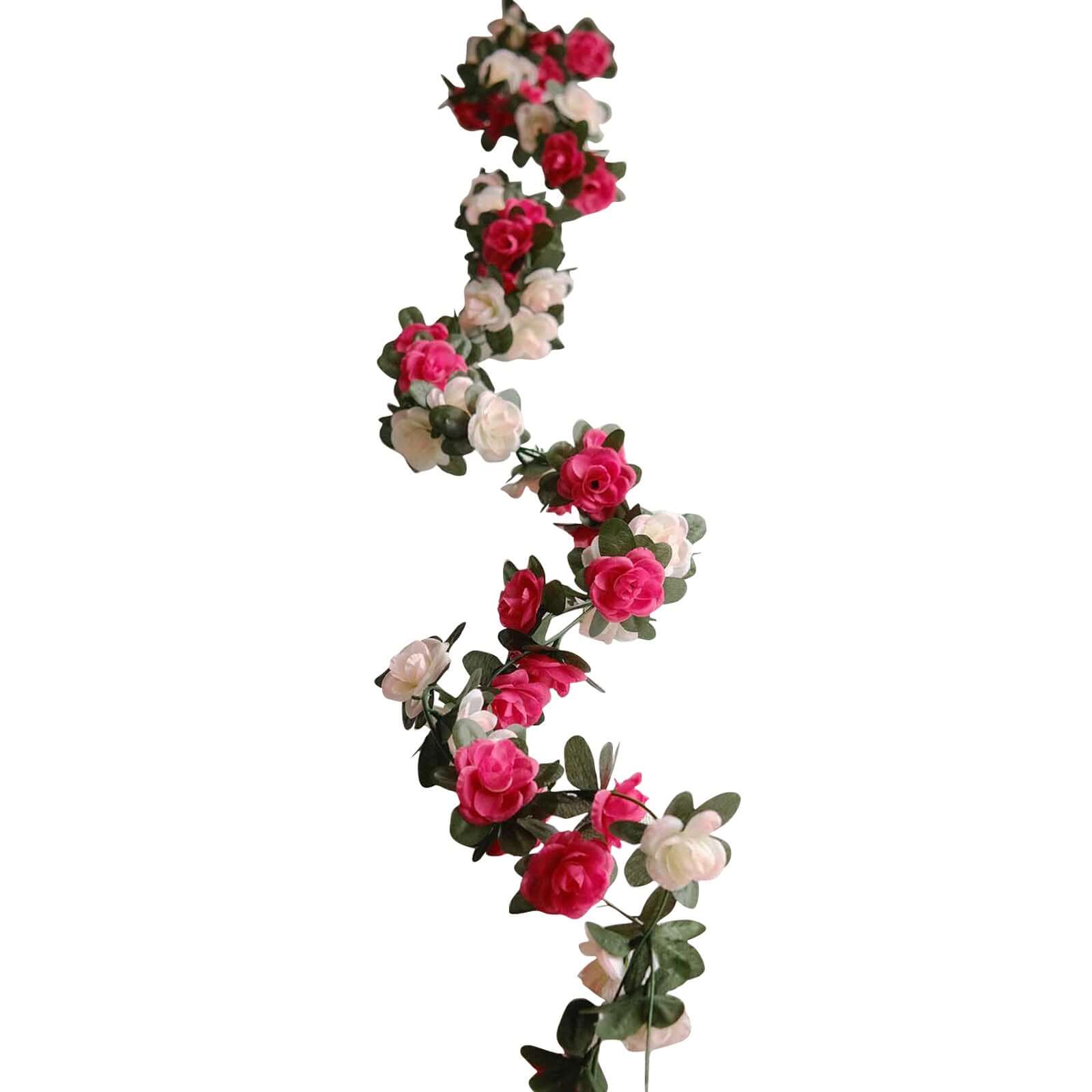 2 Pack Blush Fuchsia Artificial Silk Mini Rose Vines Hanging Flower Garland with 45 Flower Heads - 8ft