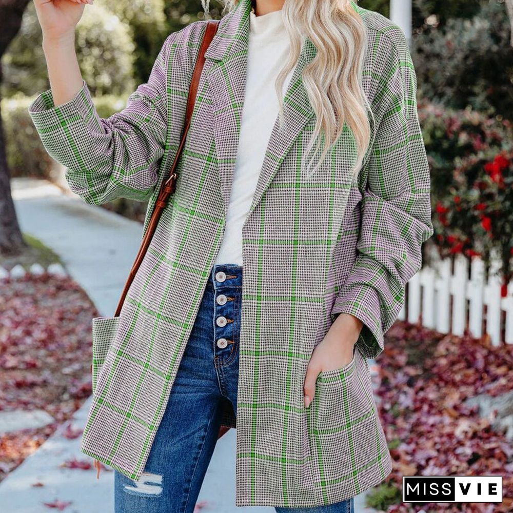 Women Casual Long Sleeve Straight Blazer Fashion Turn-down Collar Pockets Loose Jacket Elegant Houndstooth Plaid Print Cardigans