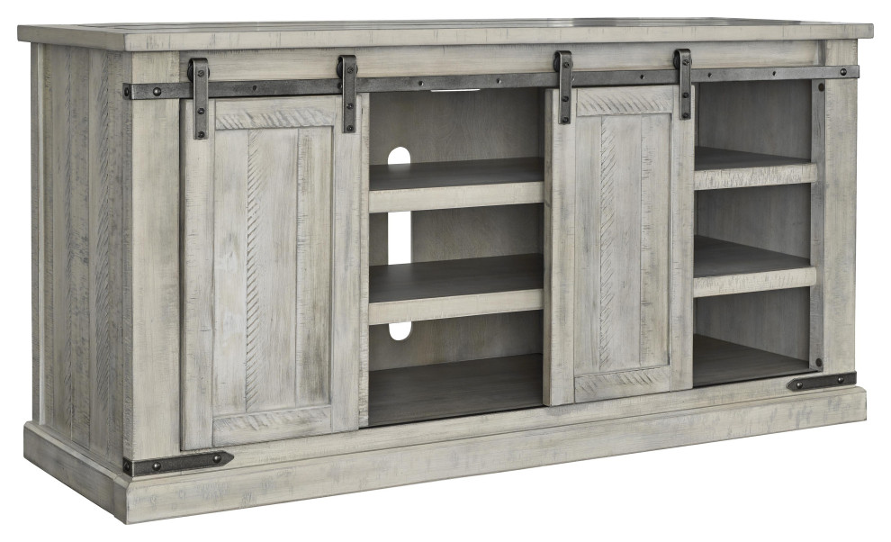 Benzara BM210653 Wooden TV Stand with 2 Barn Sliding Doors and 6 Shelves  White   Industrial   Entertainment Centers And Tv Stands   by Uber Bazaar  Houzz