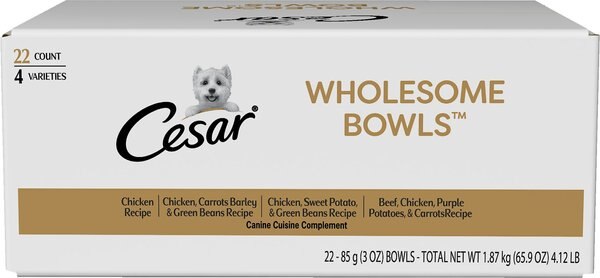 Cesar Wholesome Bowls Soft Wet Adult Dog Food Variety Pack， 3-oz bowl， case of 22