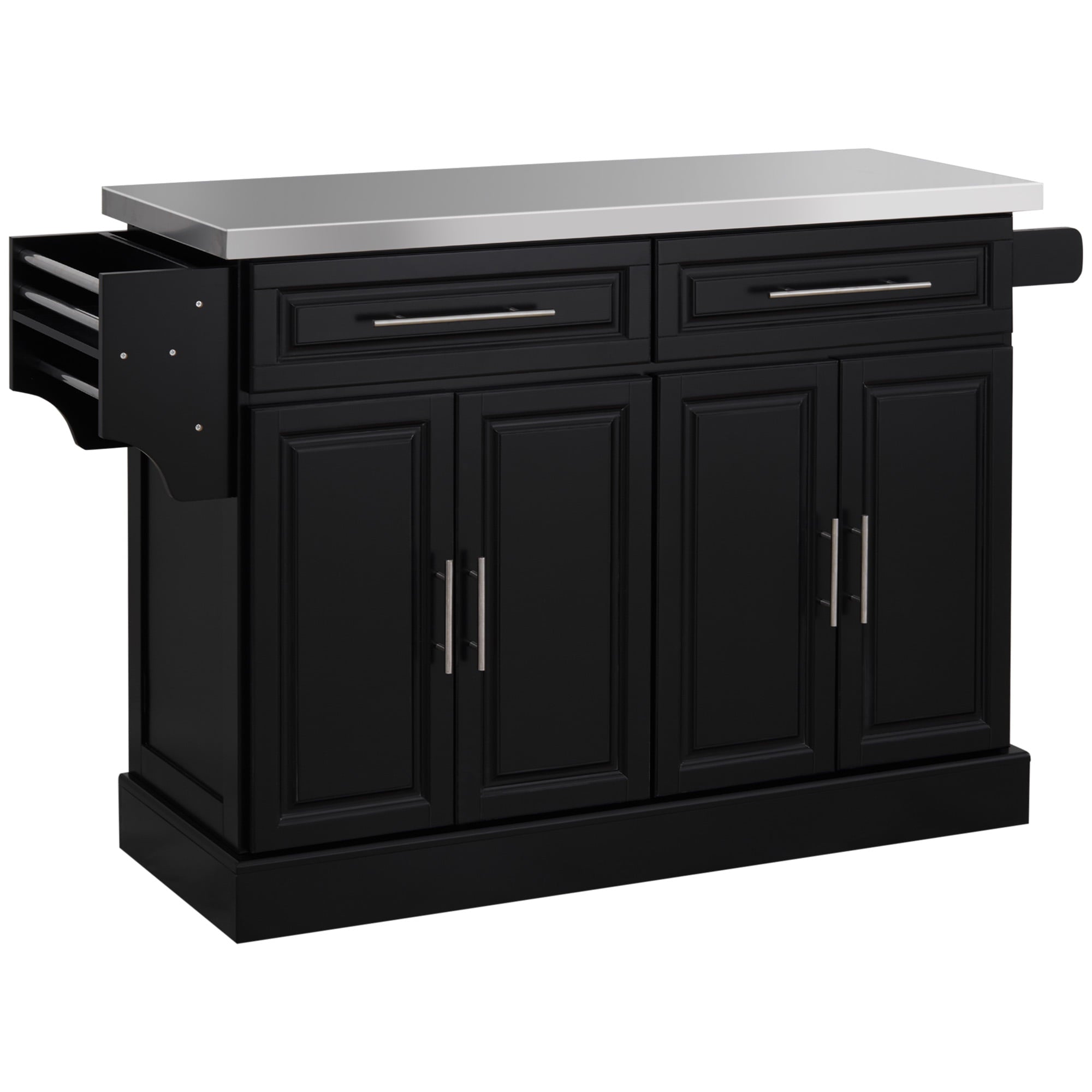 HOMCOM Rolling Kitchen Island Cart with Cabinets and Drawers， Black