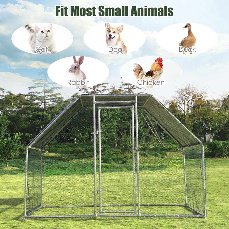 9.5' x 6.5' x 6' Galvanized Metal Large Walk-in Chicken Coop Cage Runs Hen House with Cover & Lockable Door