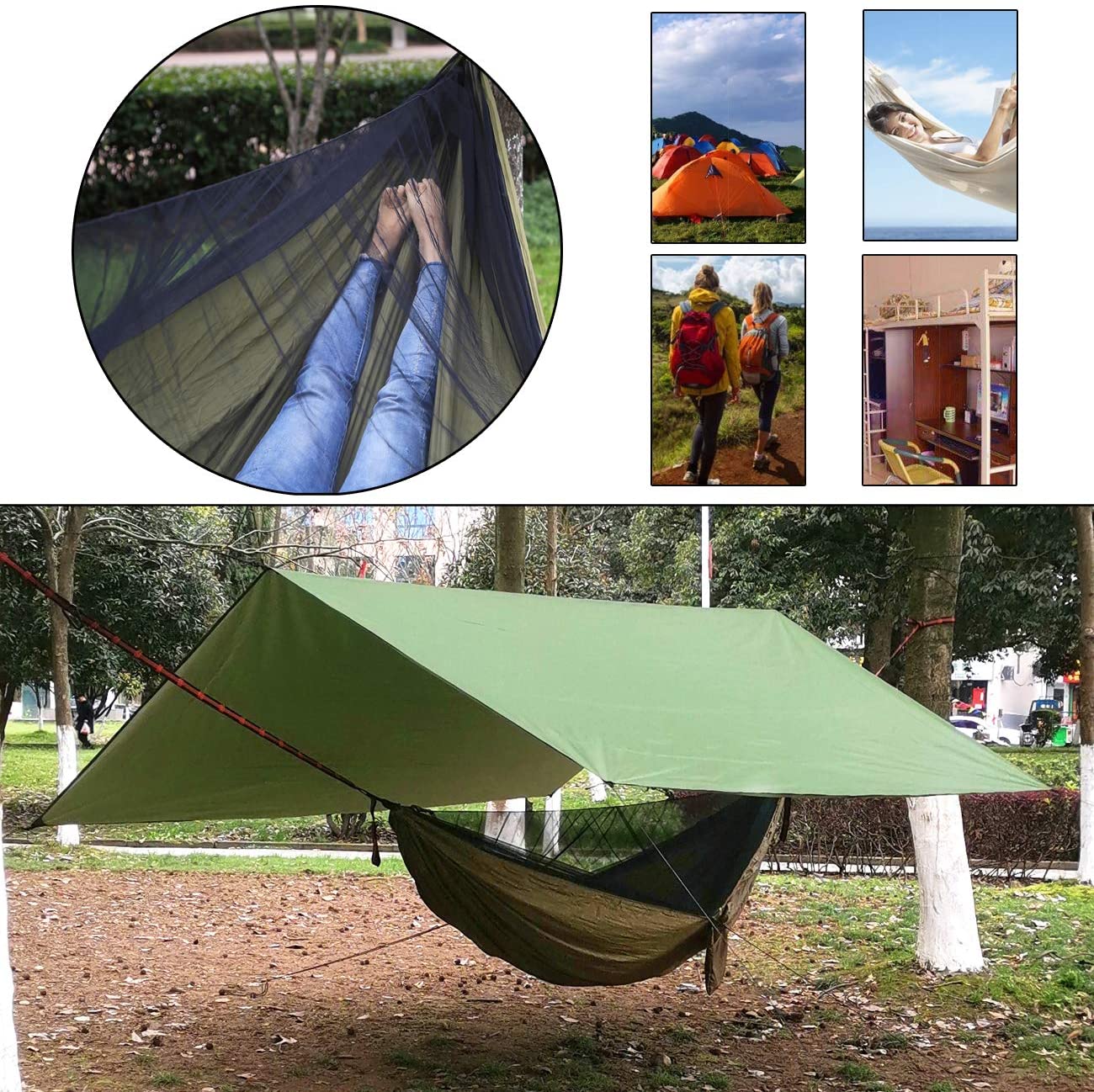 Camping Hammock with PU Rain Fly Tarp and Mosquito Net Tent Tree Straps, Portable Single Double Nylon Parachute Hammock Rainfly Set for Backpacking Hiking Travel Yard Outdoor Activities Army green