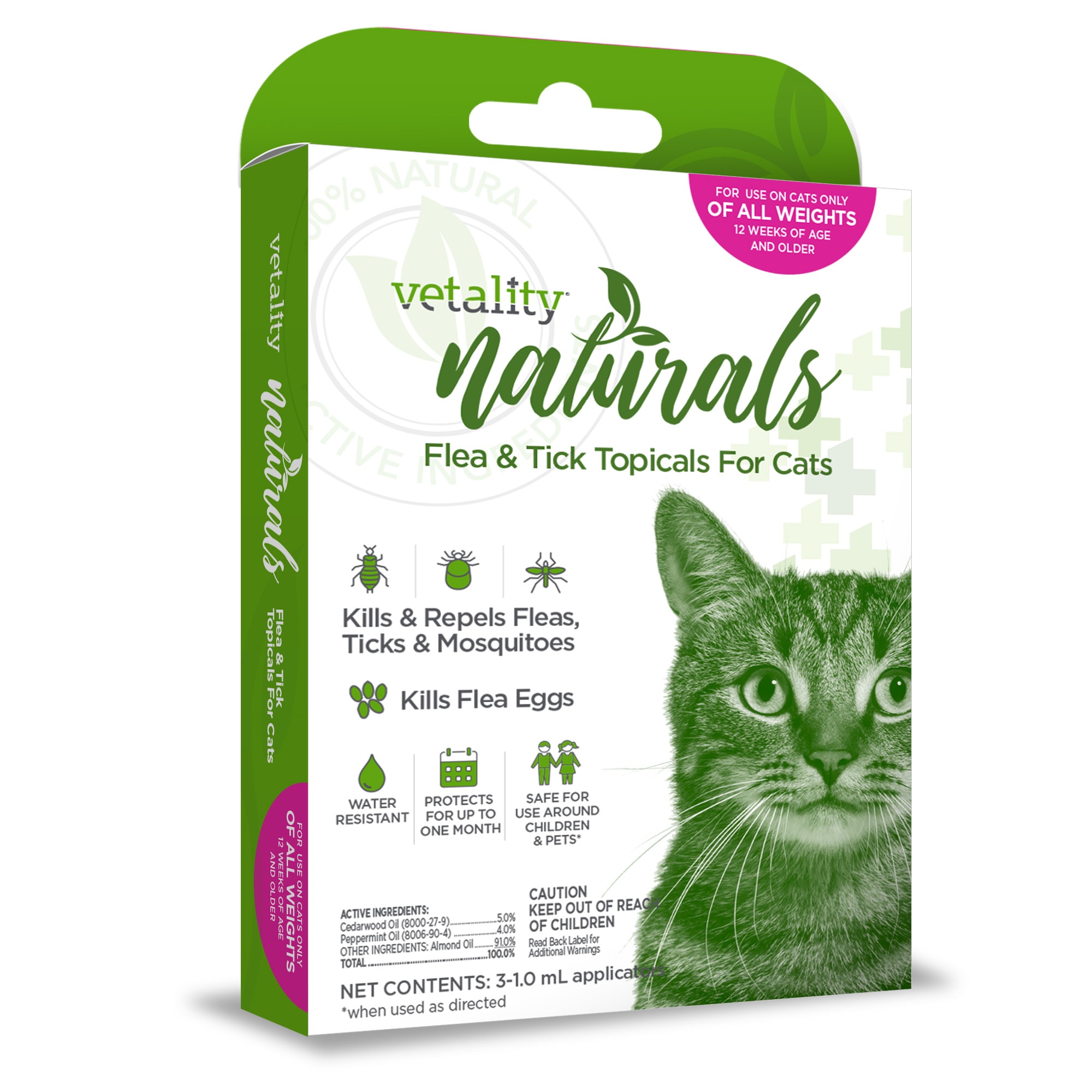 Vetality Naturals Flea  Tick Topicals for Cats， 3 Dose