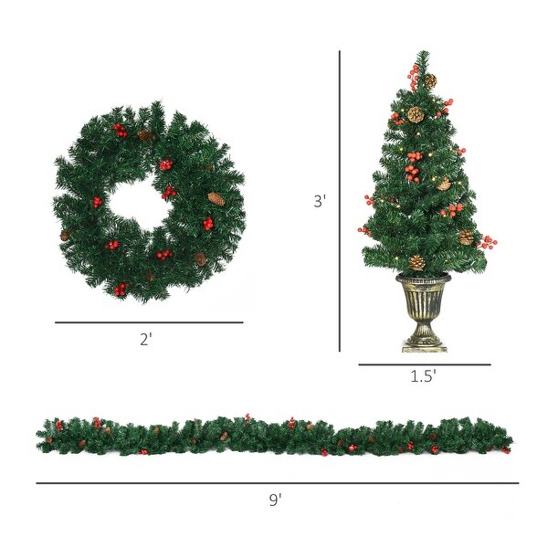 Garland Wreath and Set of 2 Entrance Trees with Warm White LED Lights