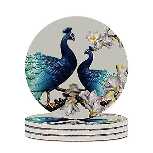 Colourlife Round Drink Coasters 1 Pc Peacock Sitting On The Branch Flowers Absorbent Ceramic Coffee Coasters For Drinks With Cork Base Housewarming Gi