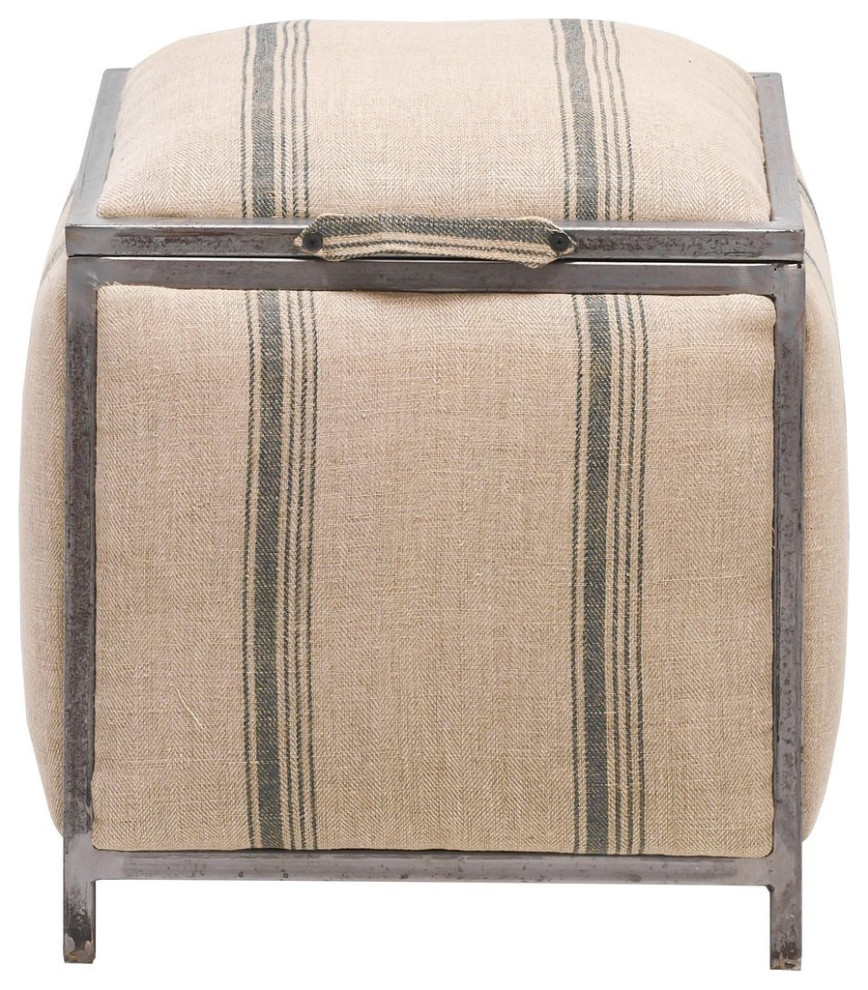 18 quotSmall Square Upholstered Storage Ottoman Striped Taupe  Lynn   Industrial   Footstools And Ottomans   by Sideboards and Things  Houzz