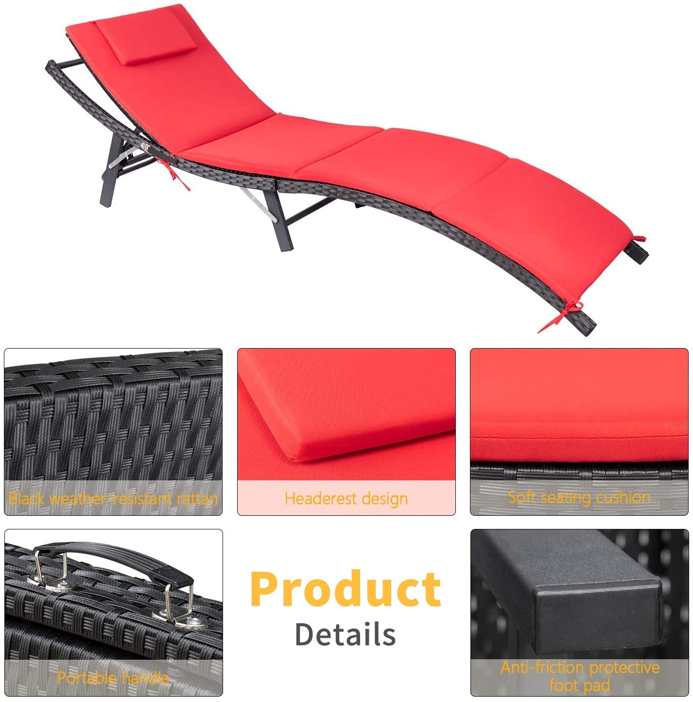 Lacoo 3 Pieces Patio Furniture Outdoor Patio Lounge Chair Adjustable Folding Lawn Poolside Chaise Lounge Chair PE Rattan Patio Seating with Folding Table and Red Cushion