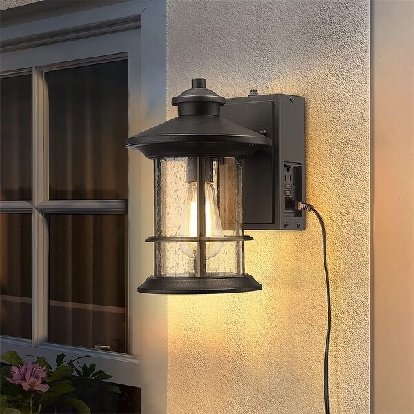 Porch Light with Built-in GFCI Outlet， Dusk to Dawn Outdoor Lighting Photocell Sensor， Aluminum with Seeded Glass， Black Finish Shopping - The Best Deals on Outdoor Wall Lanterns | 40909015