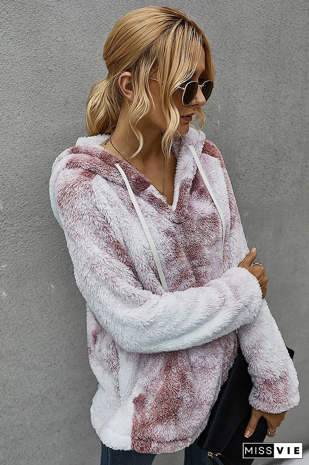 Dark Purple Tie-dye Hooded Coral Fluffy Sweatshirt