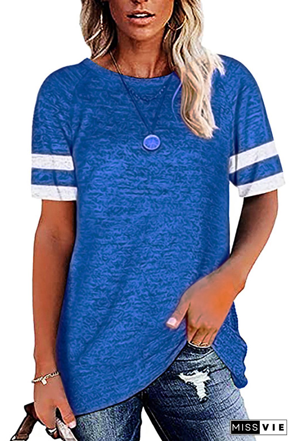 Blue Round Neck Short Sleeve T-shirt