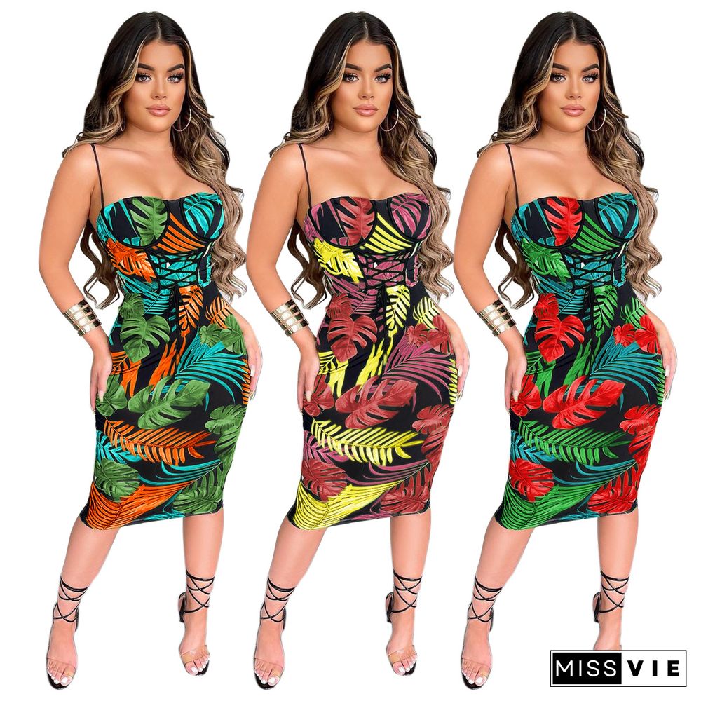 Summer Hot Printed Low Cut Sleeveless Women Fashion Bodycon Streetwear High Waist Lace Up Long Dress