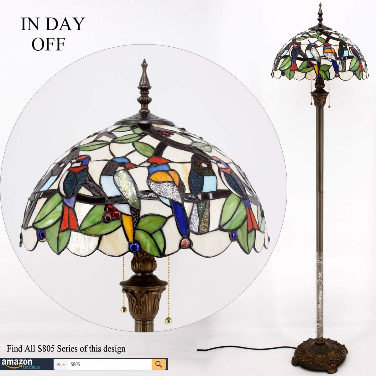 BBNBDMZ Tiffany Floor Lamp Double Birds Amber Stained Glass Standing Reading Light 16X16X64 Inches Antique Pole Corner Lamp Decor Bedroom Living Room  Office S805 Series