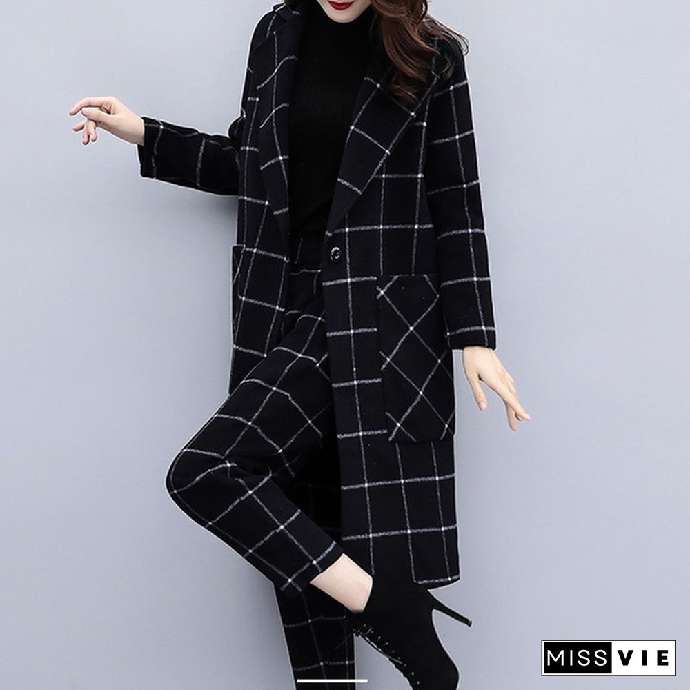 Winter Black Woolen Plaid Two Piece Sets Outfits Women Plus Size Long Coat And Pants Suits Elegant Fashion Office Sets