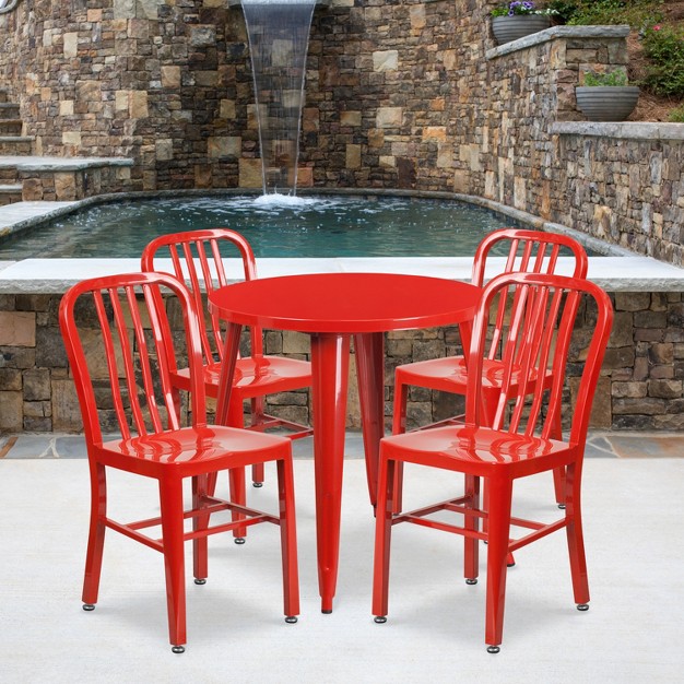 Round Metal Indoor outdoor Table Set With 4 Vertical Slat Back Chairs