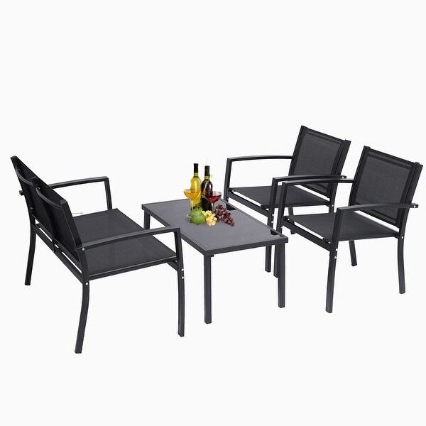 4 Pieces Black Outdoor Conversation Sets with Glass Coffee Table - Overstock - 37475800