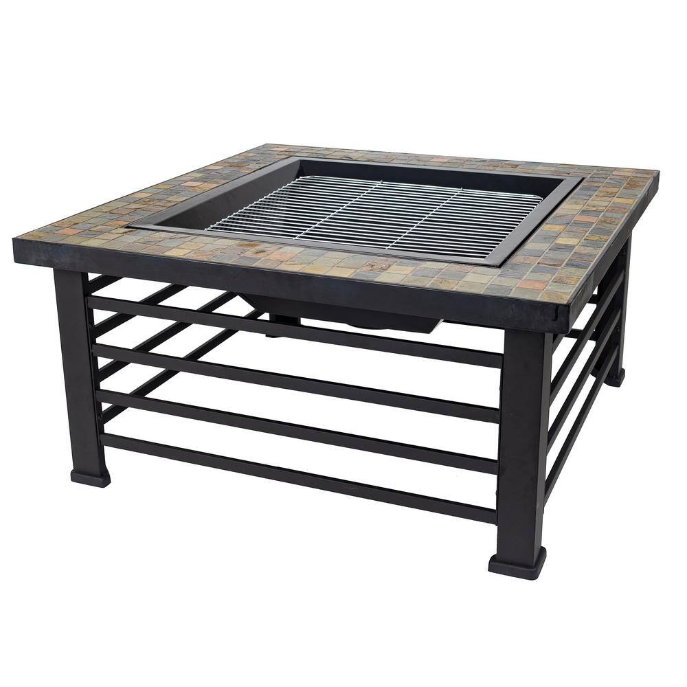 Pleasant Hearth Cascade Slate Top 34 in. Wx22.5 in. H Square Steel Wood Black Fire Pit OFW732S