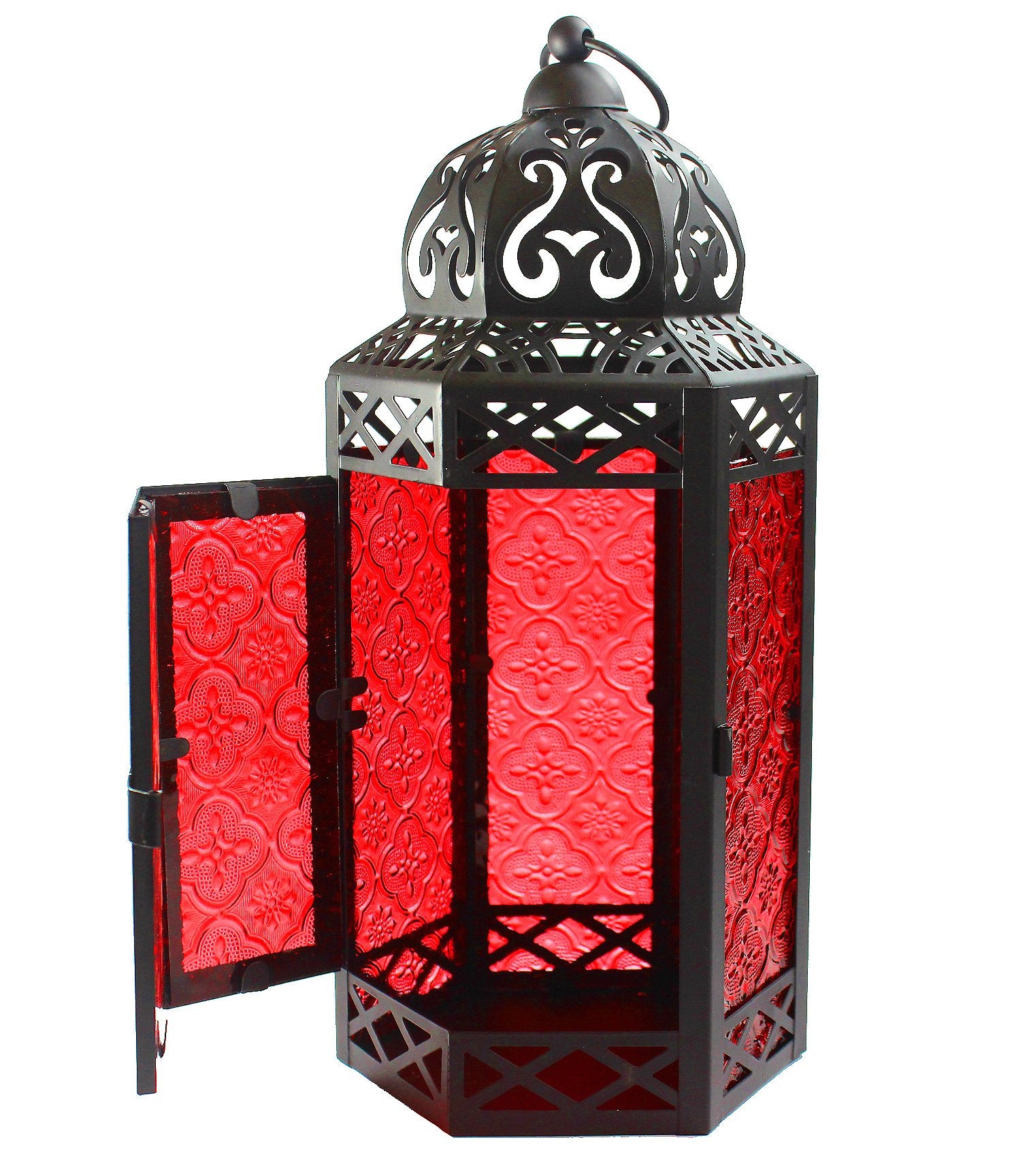 Moroccan Style Candle Lantern with LED Lights， Red Glass， Large