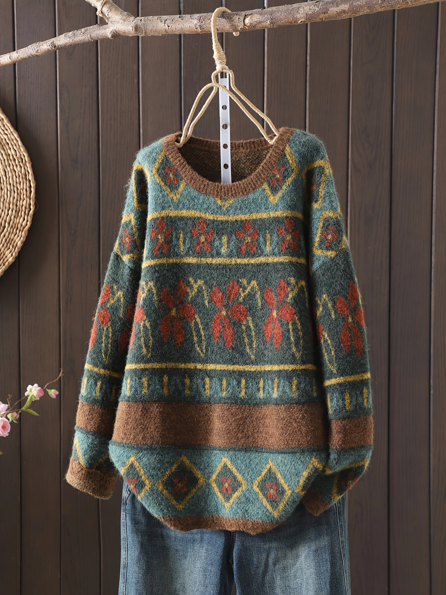 Plus Size Ethnic Pattern Crew Neck Thick Sweater, Elegant Long Sleeve Sweater For Fall & Winter, Womens Plus Size Clothing