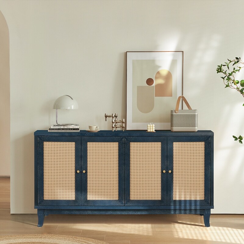 Cabinet Sideboard Wooden Cabinet with 4 Rattan Doors for Hallway  Entryway  Living Room  Bedroom