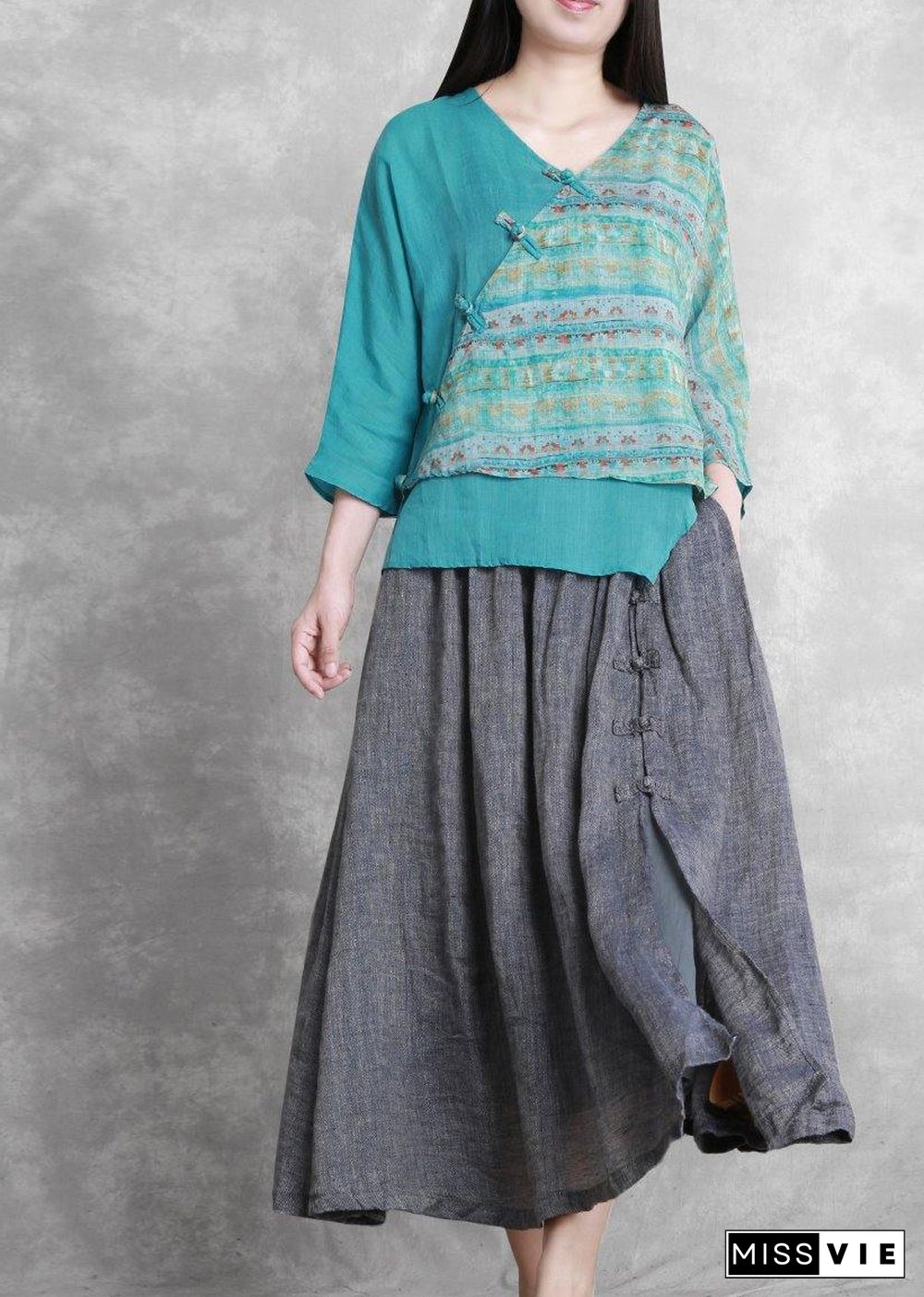 French Grey Elastic Waist Oriental Summer Linen Skirt