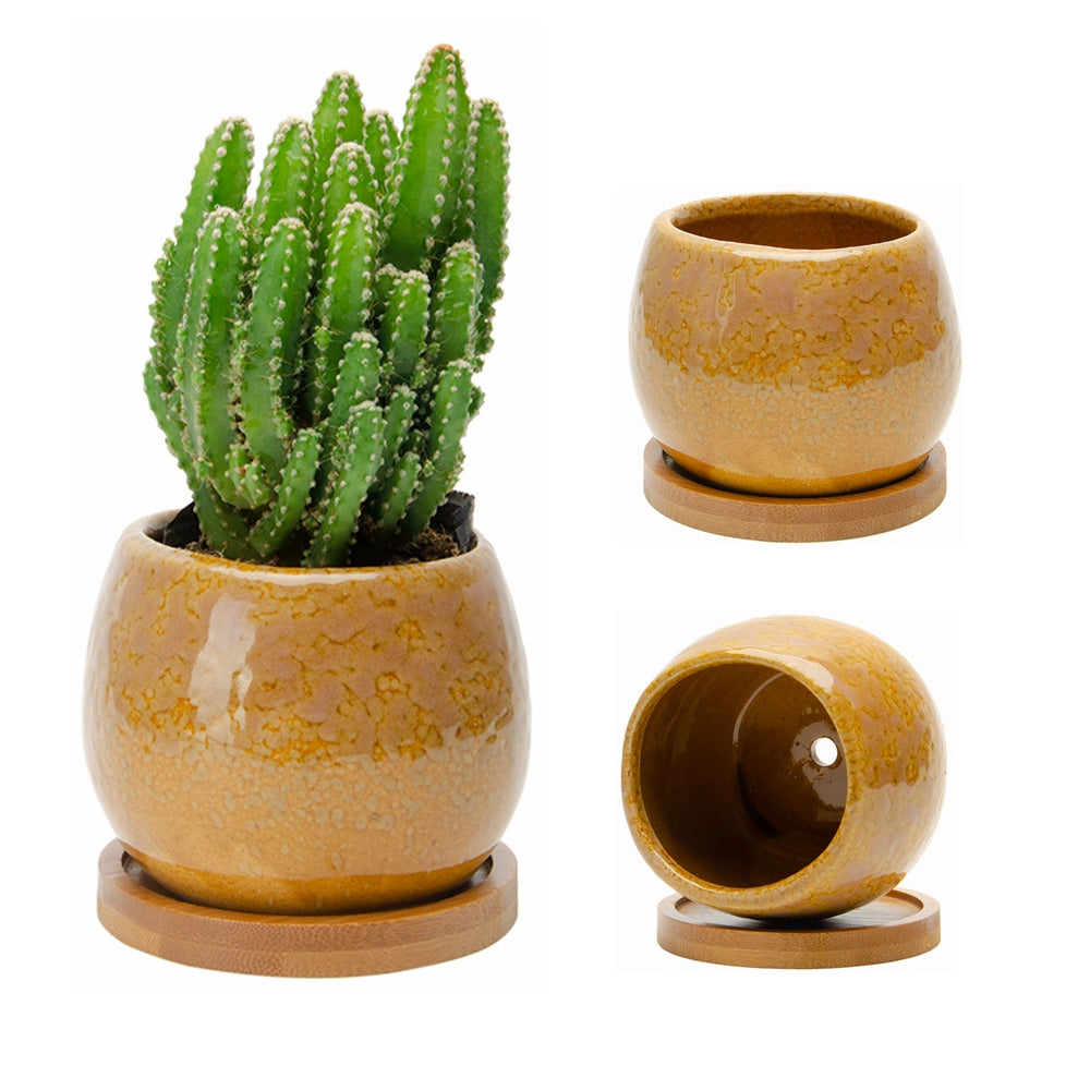 KRALIX Ceramic Small Round Succulent Planters - Round Glazed Pots with Drainage Hole and Bamboo Tray for All House Plants, Cactus, Flower and Herbs - 3 Piece Gift Set (Glossy)