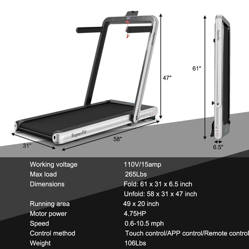 2 in 1 4.75HP Folding Treadmill, Under Desk Electric Treadmill, Portable Running Machine with APP Control, LED Touch Screen, Bluetooth Speaker