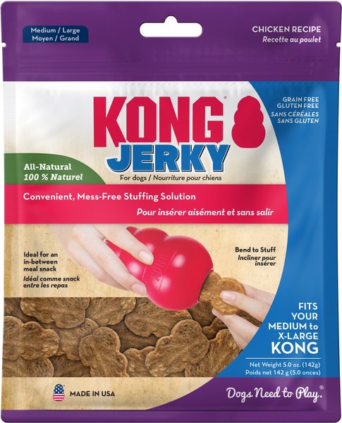 KONG Jerky Chicken Recipe Grain-Free Dog Medium/Large Treats， 5-oz pouch